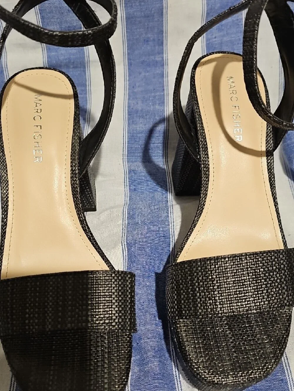 Marc Fisher Black Woven Platform Block Heel Sandals with Ankle Strap